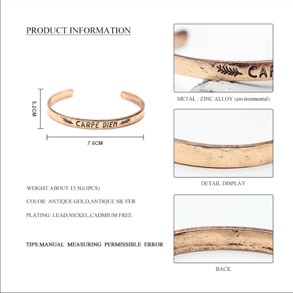 “ Carpe Diem “ Open Cuff Bangle Bracelet - Picture 4 of 5